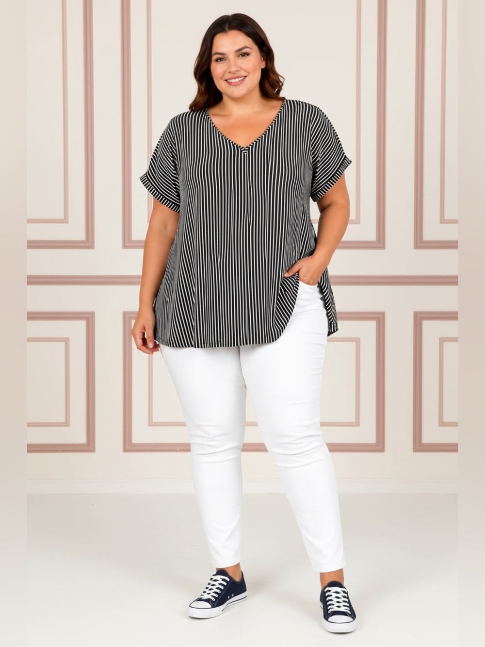 Westbound Black and White Striped V-Neck Top NWT